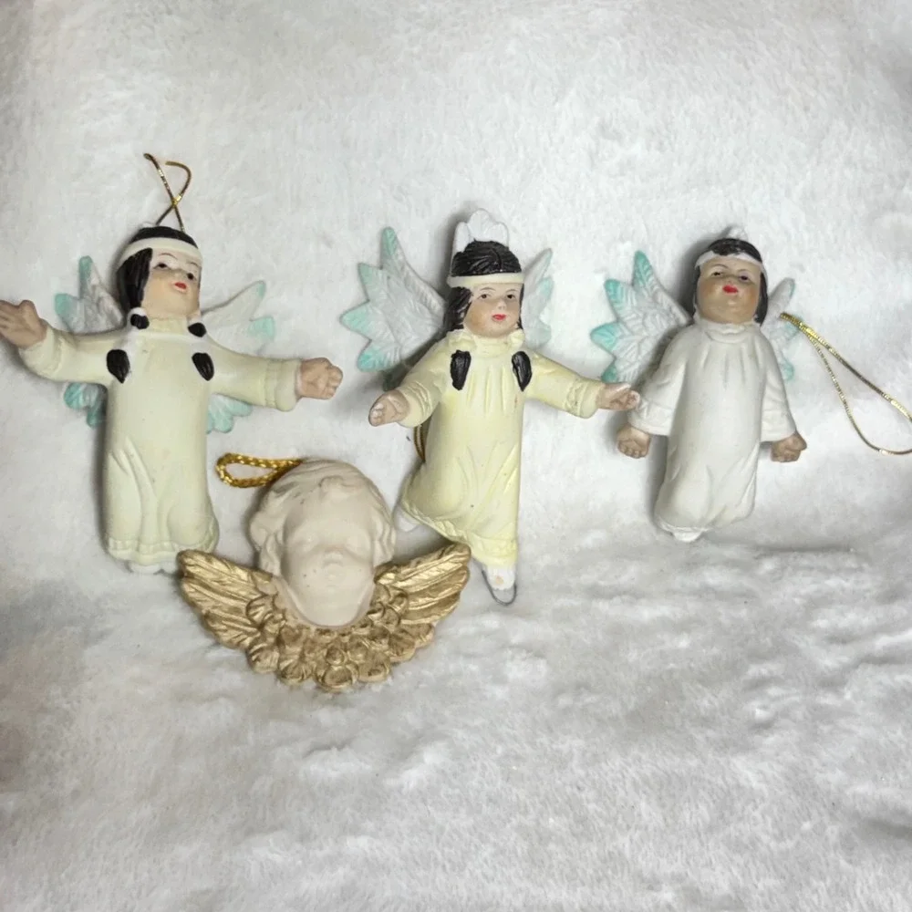 Vintage Native American Angel Ornament Set Porcelain Christmas Cherubs 4pc Multi